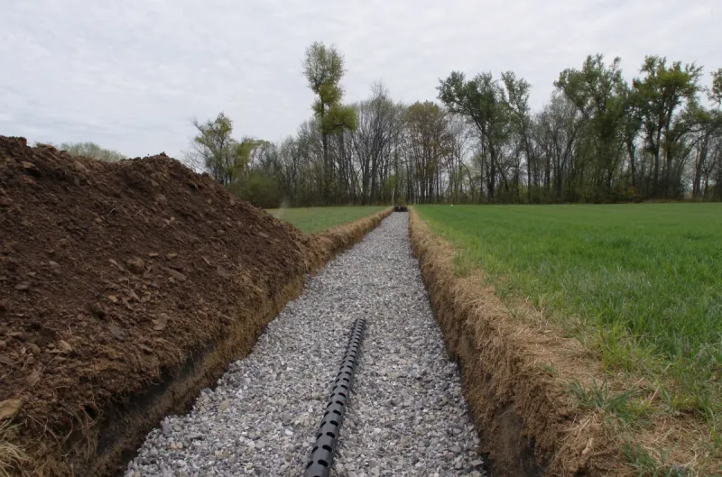 An open septic drainfield trench with washed gravel and perforated distribution pipe in a rural Iowa yard