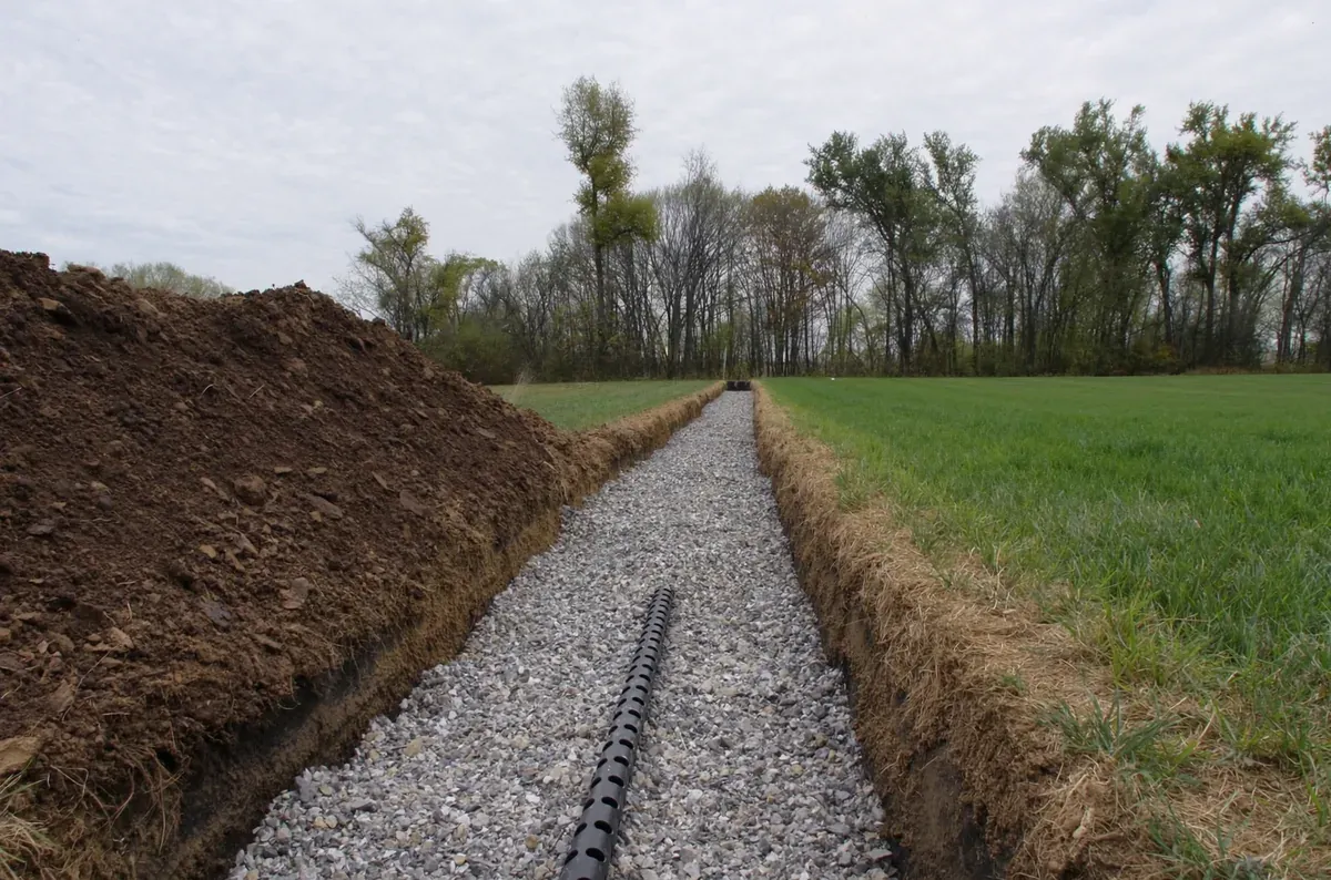 An open septic drainfield trench with washed gravel and perforated distribution pipe in a rural Iowa yard